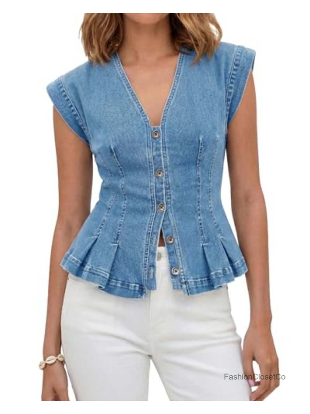 Women's Sleeveless Denim Peplum Vest Top V Neck Slim Fit Western